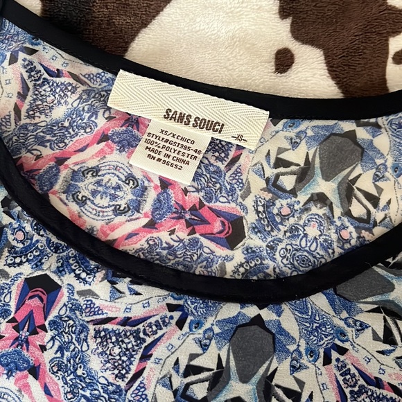 Geo print sheer layer crop top XS blue pink boho breezy chiffon Sans Souci NEW - Picture 2 of 9